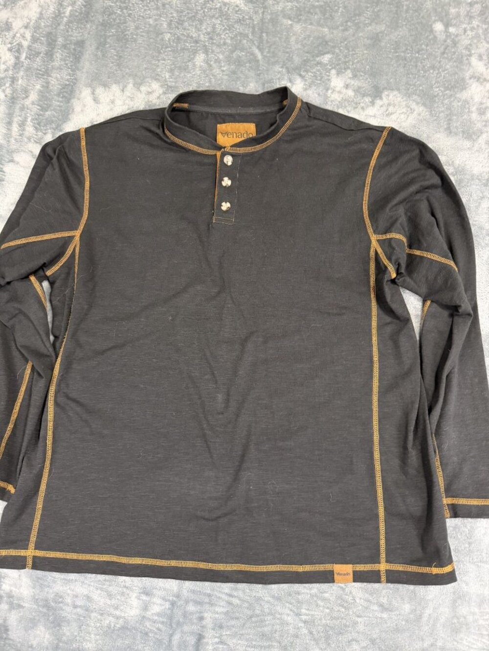 Venado Mens Long Sleeve Henley Shirt Black With Contrast Stitching Large